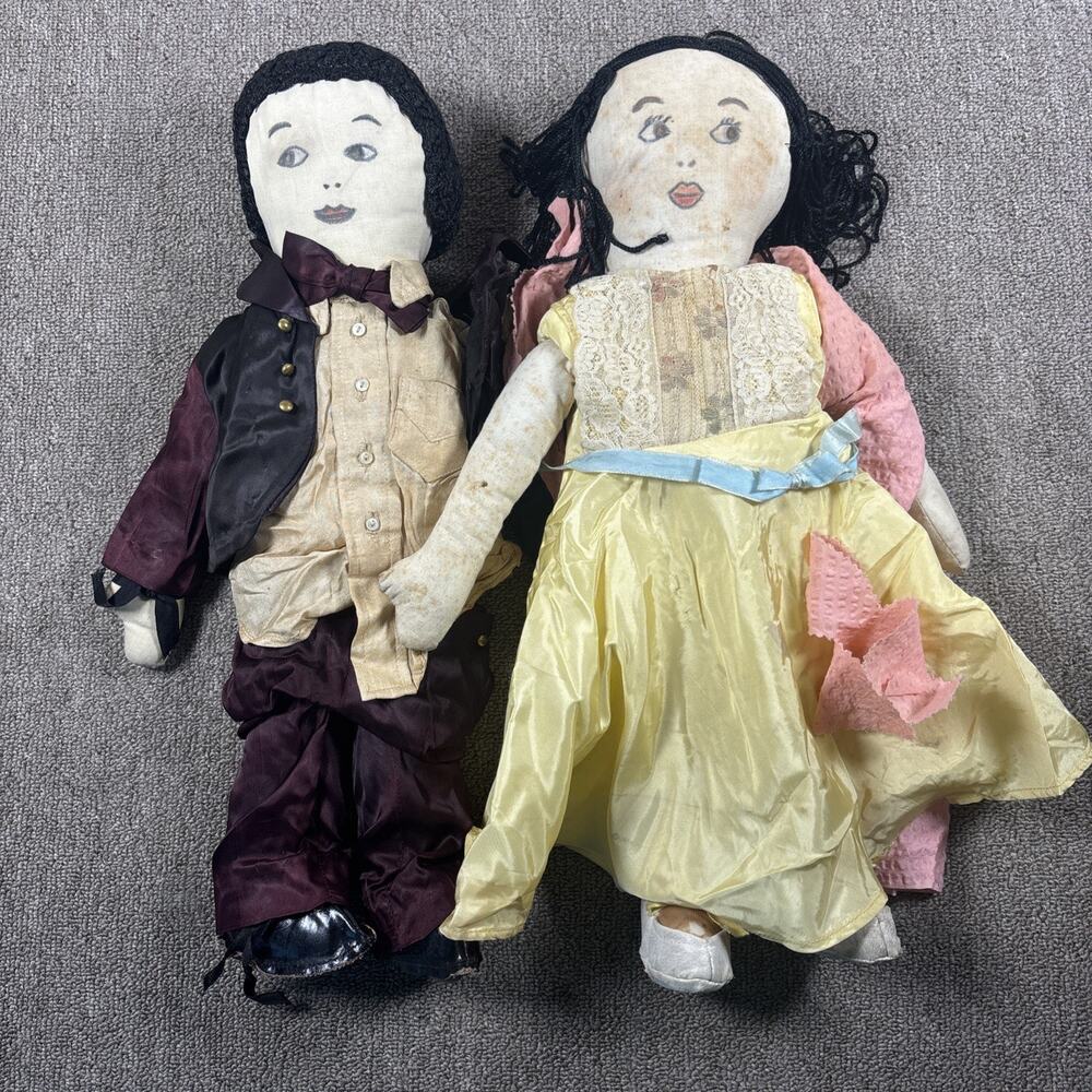 Vintage Handmade Cloth Rag Dolls Pair 16" Painted Face Primitive Folk Art 1940s